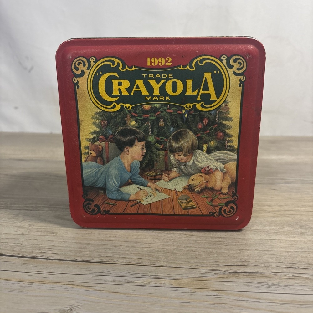 Vintage Crayola Crayon Christmas Tin  Holiday Trinket  Collectible Storage Box